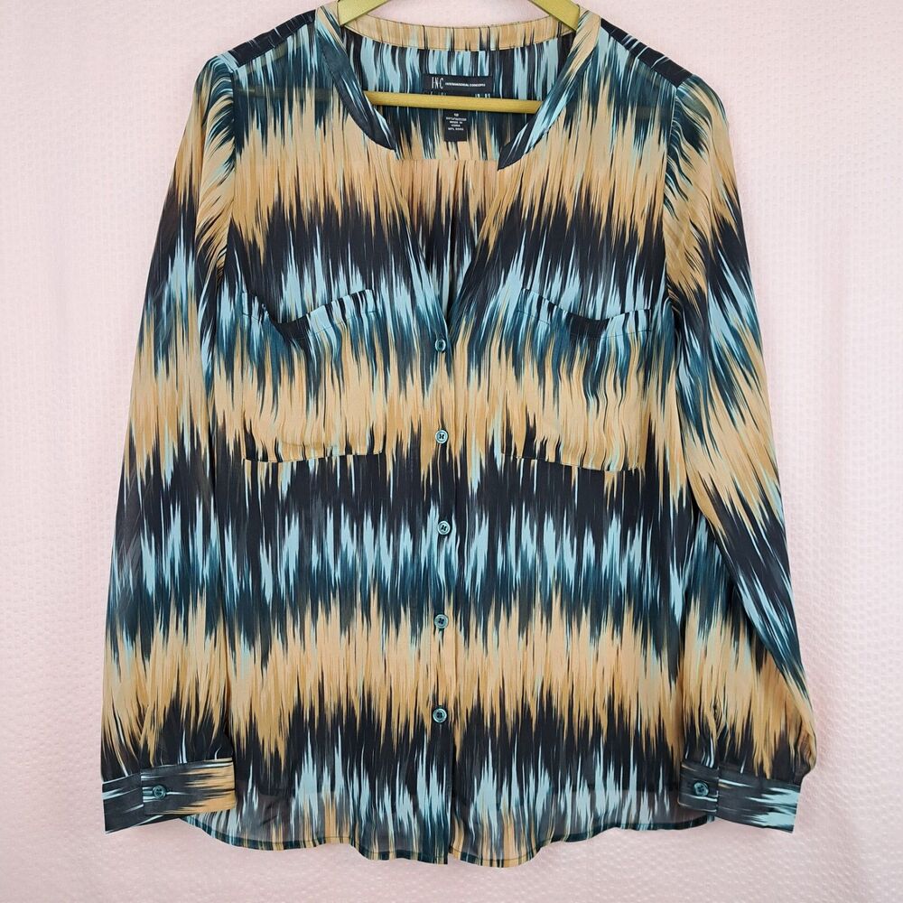 INC International Concepts Women Sheer Top Multicolor Long Sleeve Size 12